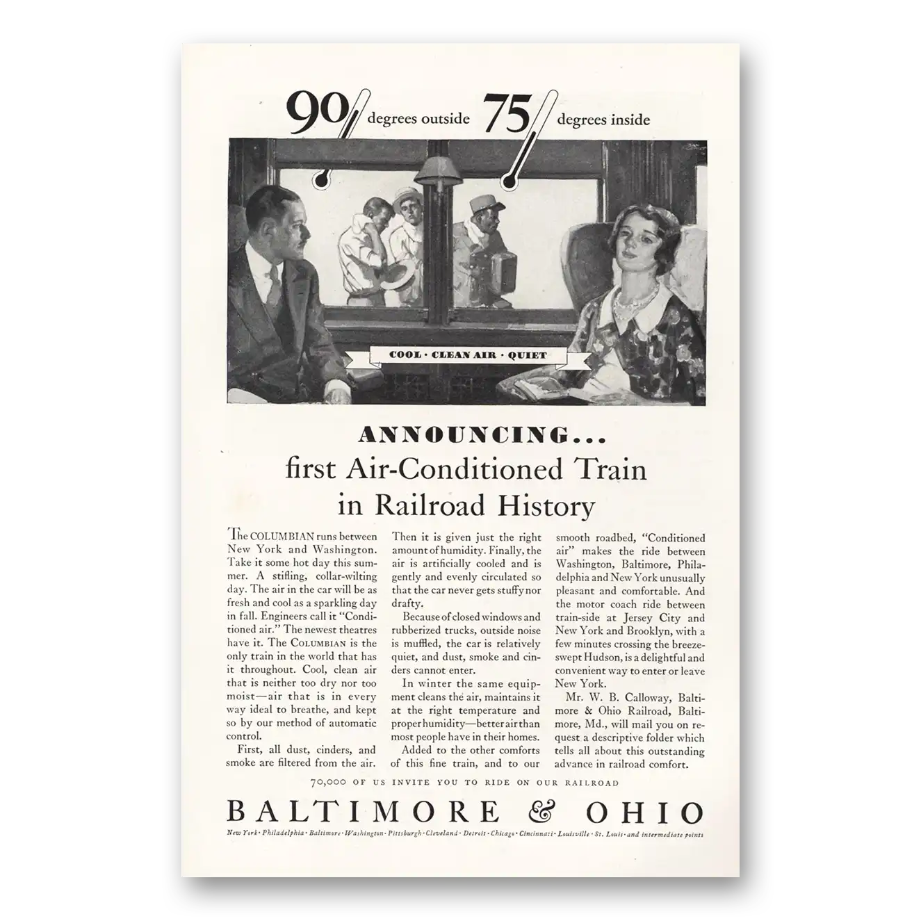 1931 Baltimore and Ohio Railroad First Air Conditioned Train In Railroad History Vintage Magazine Print Ad