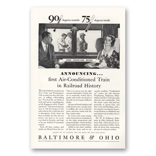 1931 Baltimore and Ohio Railroad First Air Conditioned Train In Railroad History Vintage Magazine Print Ad