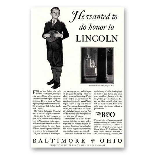 1931 Baltimore and Ohio Railroad Honor to Lincoln Vintage Magazine Print Ad