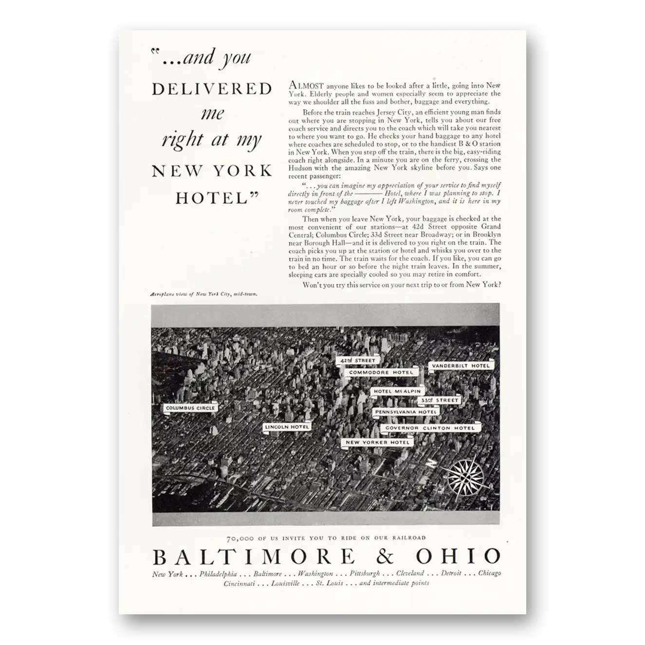 1931 Baltimore and Ohio Railroad Delivered Me Right At My New York Hotel Vintage Magazine Print Ad