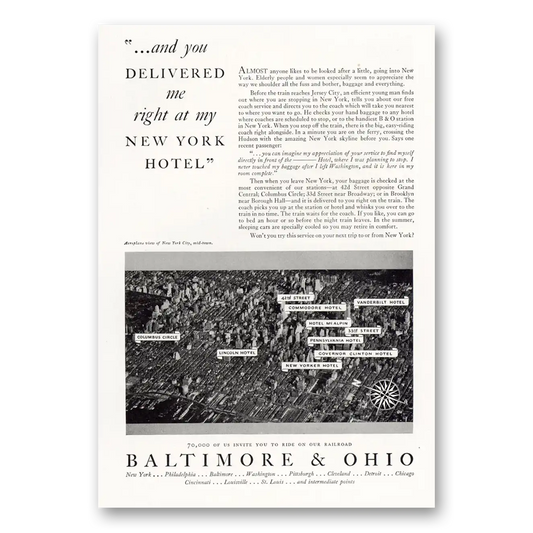 1931 Baltimore and Ohio Railroad Delivered Me Right At My New York Hotel Vintage Magazine Print Ad