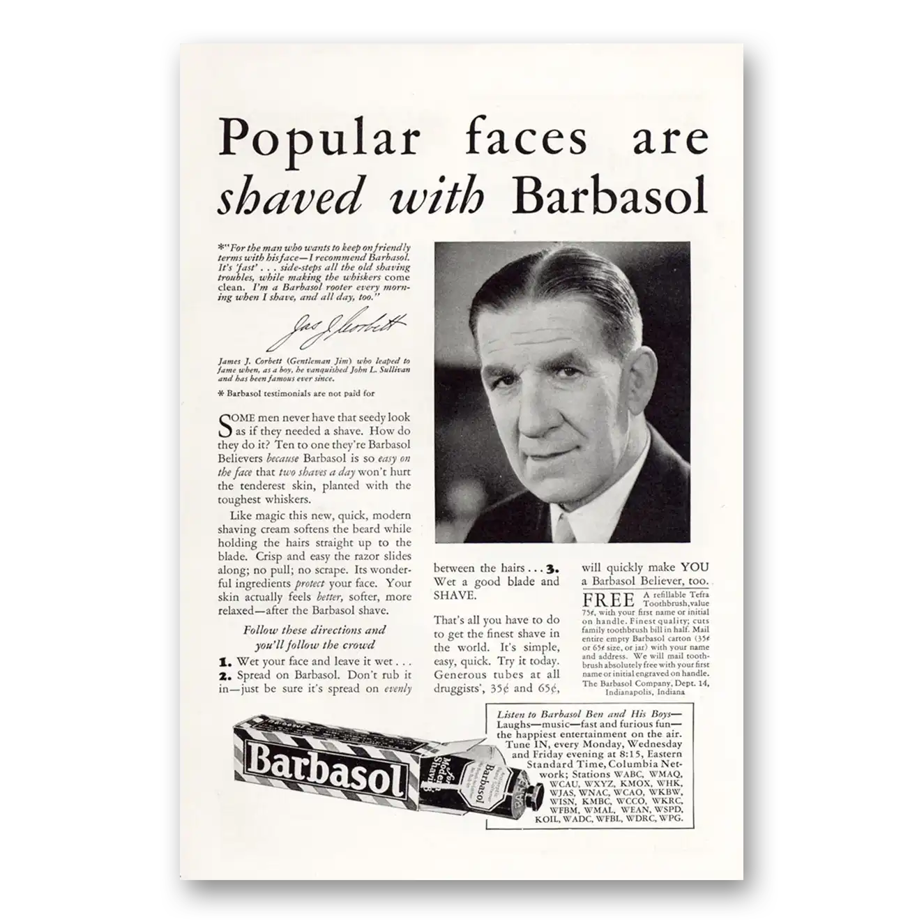 1931 Barbasol Shaving Cream James J Corbett Gentleman Jim Vintage Magazine Print Ad