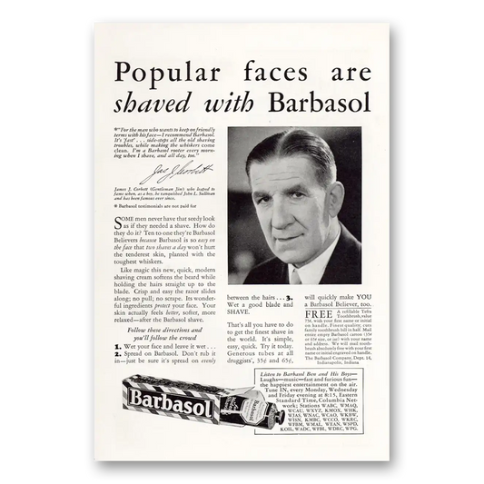 1931 Barbasol Shaving Cream James J Corbett Gentleman Jim Vintage Magazine Print Ad