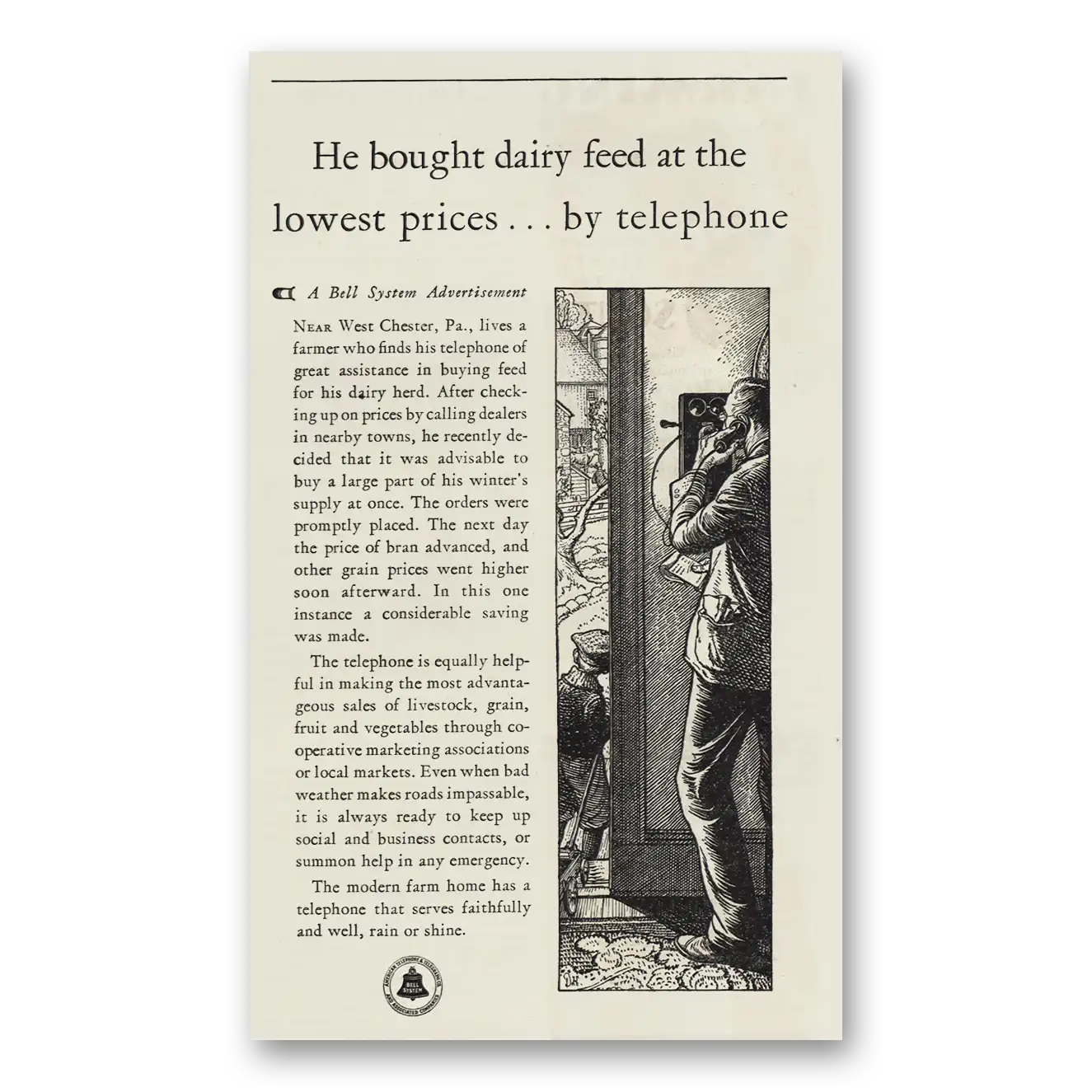 1931 Bell Telephone He Bought Dairy Feed Vintage Magazine Print Ad