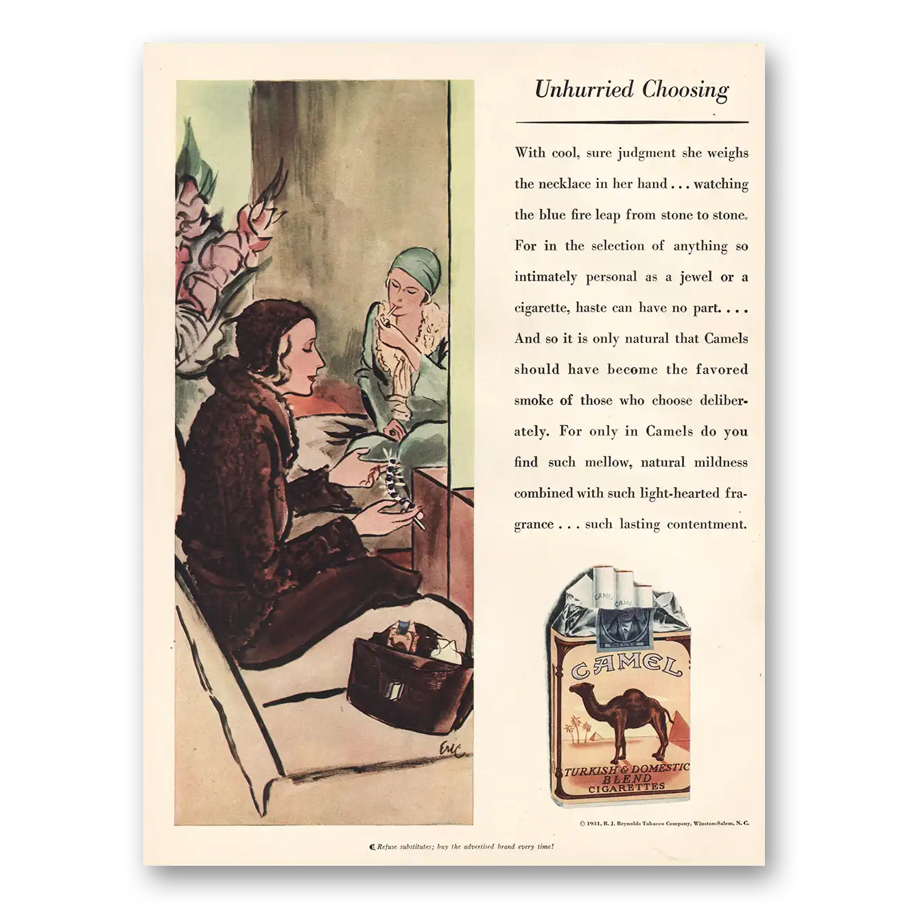 1931 Camel Cigarettes Unhurried Choosing Vintage Magazine Print Ad