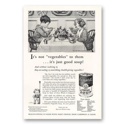 1931 Campbells Vegetable Soup Not Vegetables to Them Vintage Magazine Print Ad