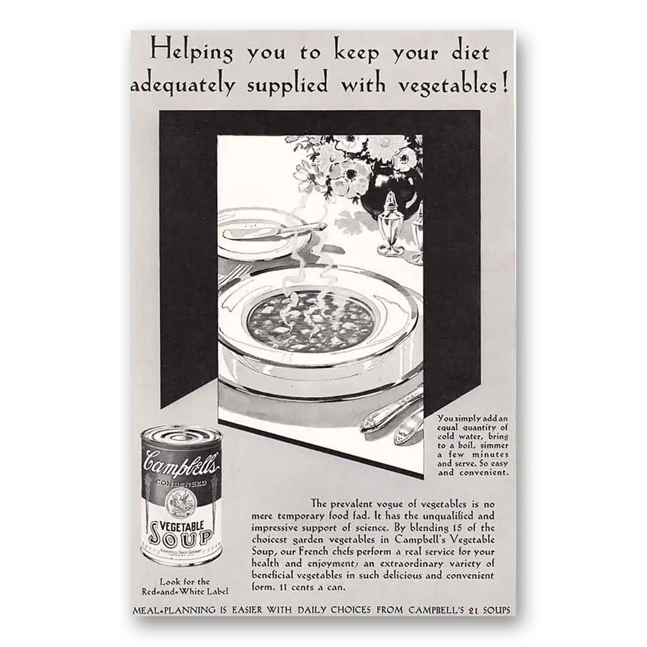 1931 Campbells Vegetable Soup Diet Adequately Supplied Vintage Magazine Print Ad