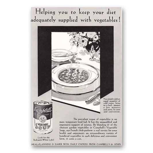 1931 Campbells Vegetable Soup Diet Adequately Supplied Vintage Magazine Print Ad