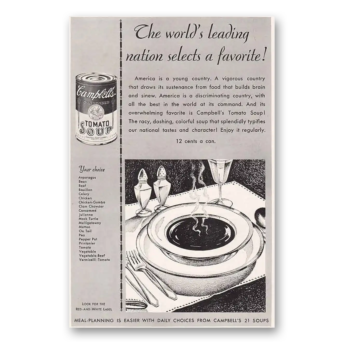 1931 Campbells Tomato Soup World's Leading Nation Vintage Magazine Print Ad