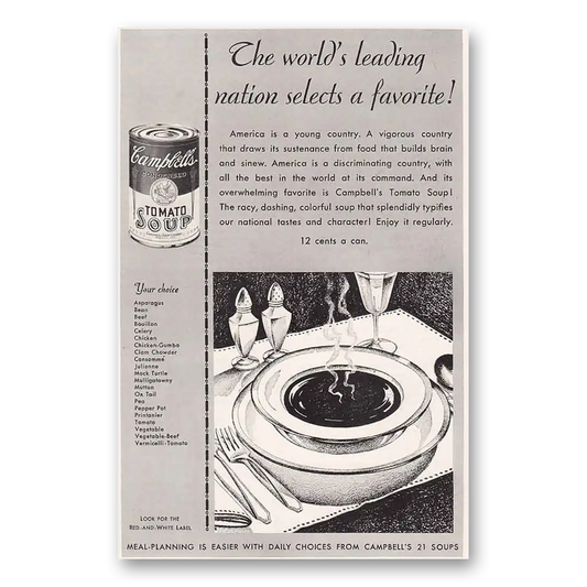 1931 Campbells Tomato Soup World's Leading Nation Vintage Magazine Print Ad