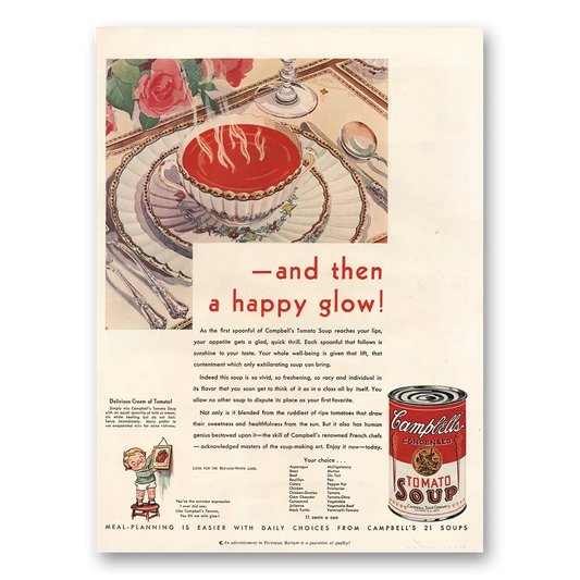 1931 Campbells Tomato Soup And Then a Happy Glow Vintage Magazine Print Ad