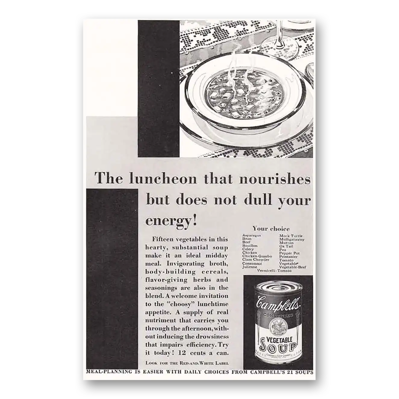 1931 Campbells Vegetable Soup Luncheon that Nourishes Vintage Magazine Print Ad