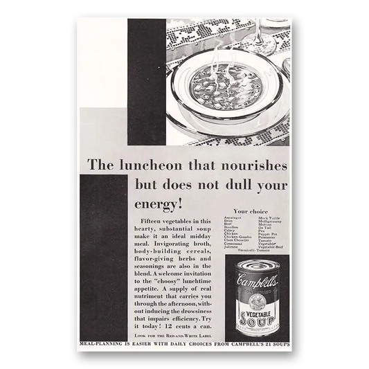 1931 Campbells Vegetable Soup Luncheon that Nourishes Vintage Magazine Print Ad