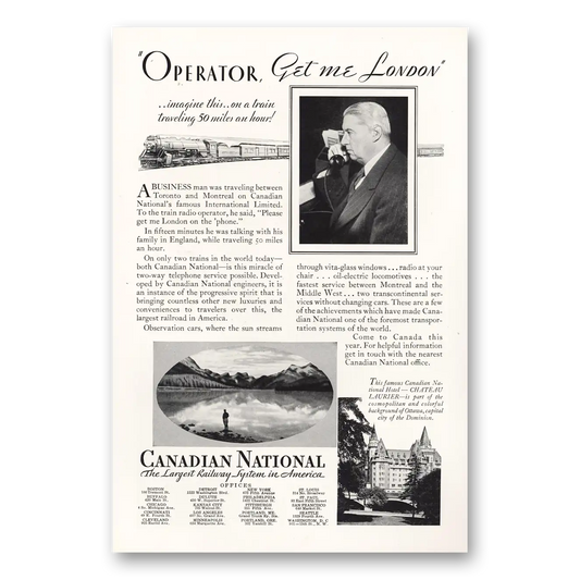 1931 Canadian National Railways Operator Get Me London Vintage Magazine Print Ad