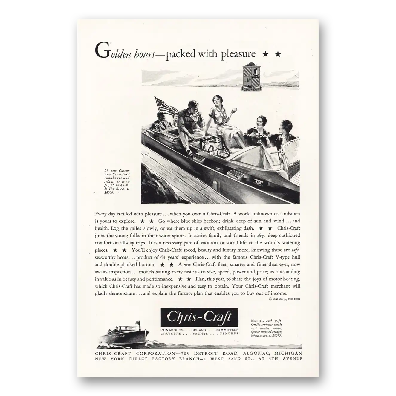 1931 Chris Craft Golden Hours Packed With Pleasure Vintage Magazine Print Ad