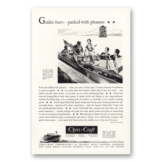 1931 Chris Craft Golden Hours Packed With Pleasure Vintage Magazine Print Ad