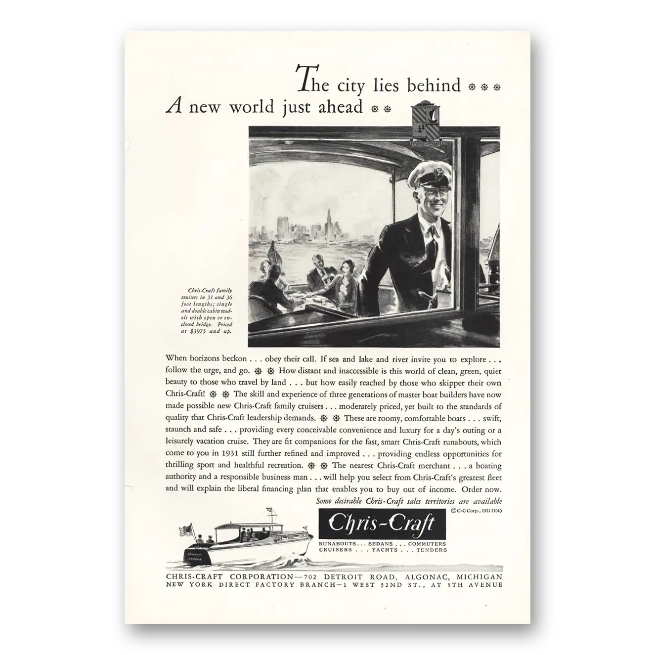 1931 Chris Craft City Lies Behind Vintage Magazine Print Ad