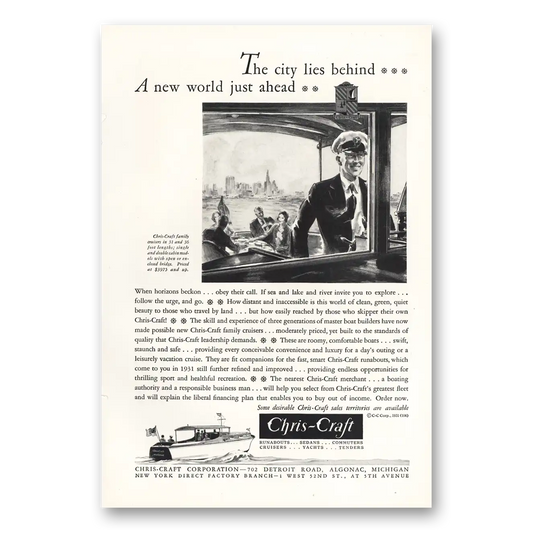 1931 Chris Craft City Lies Behind Vintage Magazine Print Ad