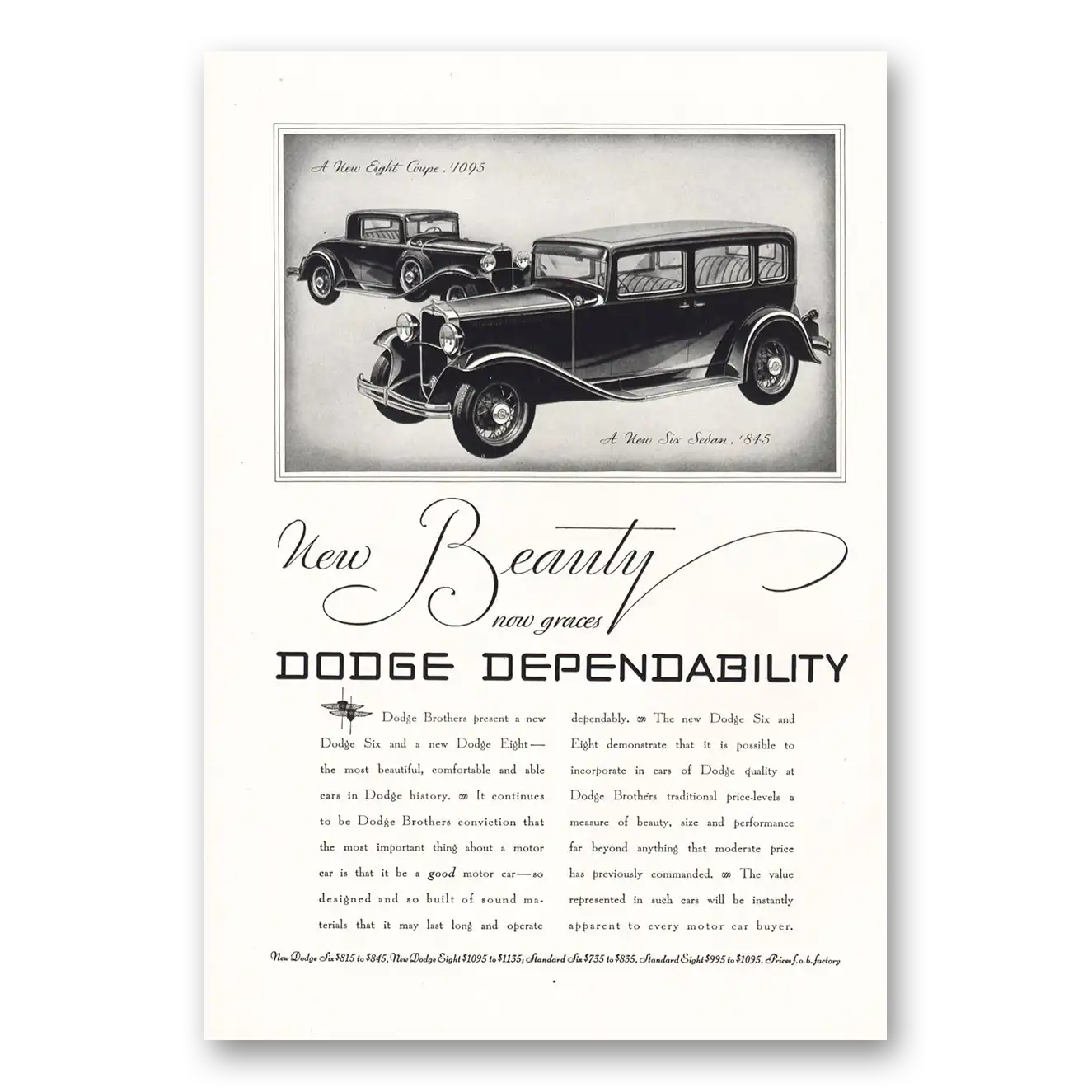 1931 Dodge New Beauty New Graces Six Eight Vintage Magazine Print Ad