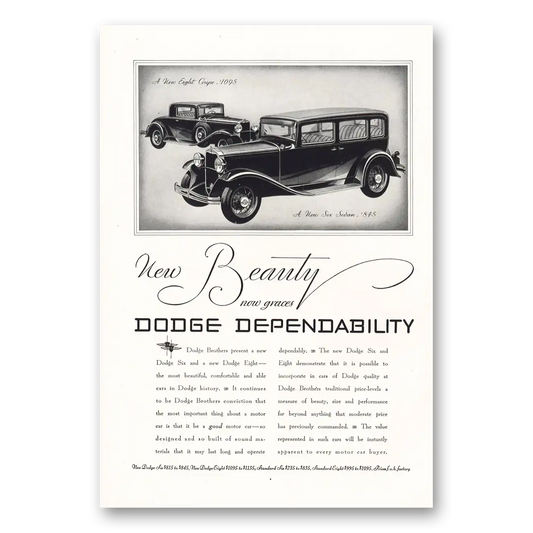 1931 Dodge New Beauty New Graces Six Eight Vintage Magazine Print Ad