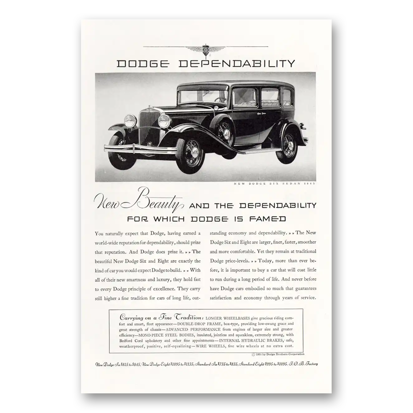 1931 Dodge Six New Beauty and the Dependability Vintage Magazine Print Ad