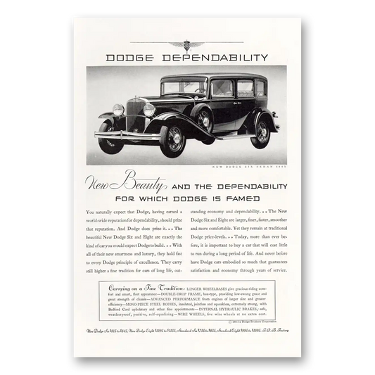 1931 Dodge Six New Beauty and the Dependability Vintage Magazine Print Ad