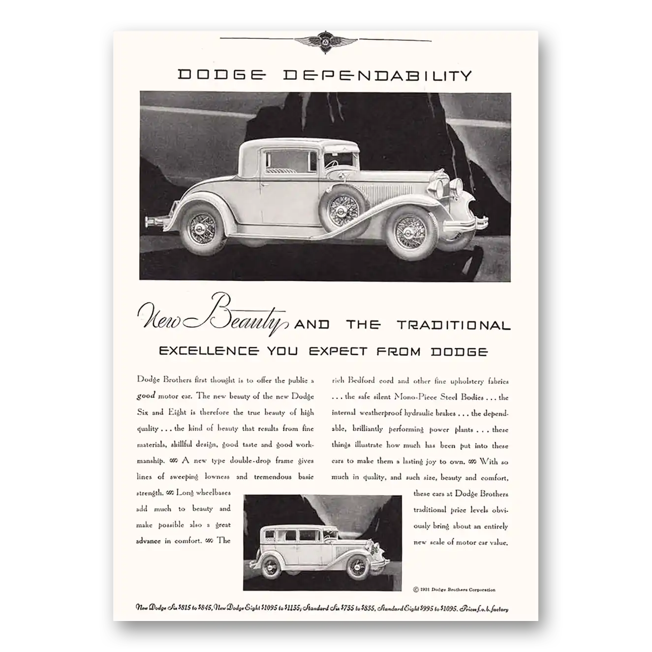 1931 Dodge New Beauty and Traditional Excellence Vintage Magazine Print Ad