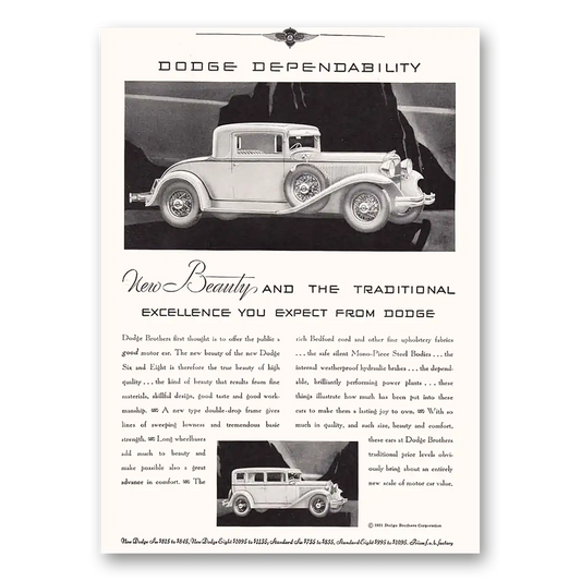 1931 Dodge New Beauty and Traditional Excellence Vintage Magazine Print Ad