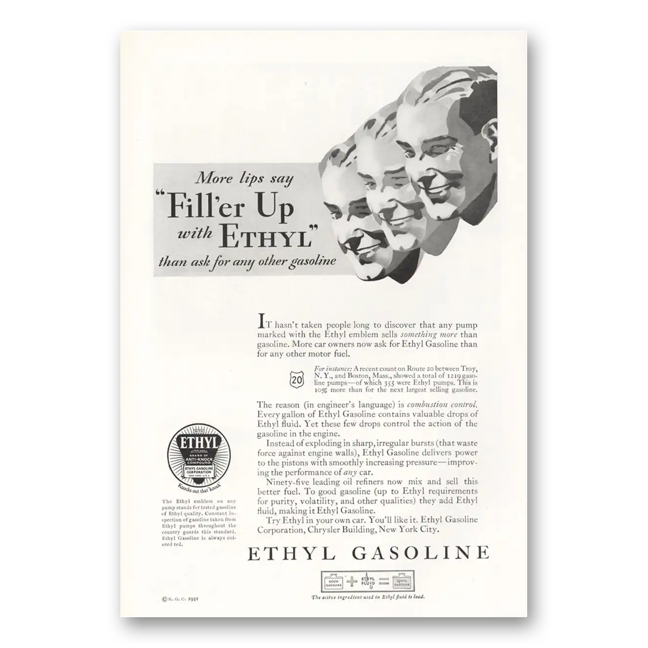 1931 Ethyl Gasoline More Lips Say Fill er Up Vintage Magazine Print Ad