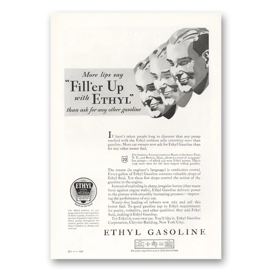 1931 Ethyl Gasoline More Lips Say Fill er Up Vintage Magazine Print Ad