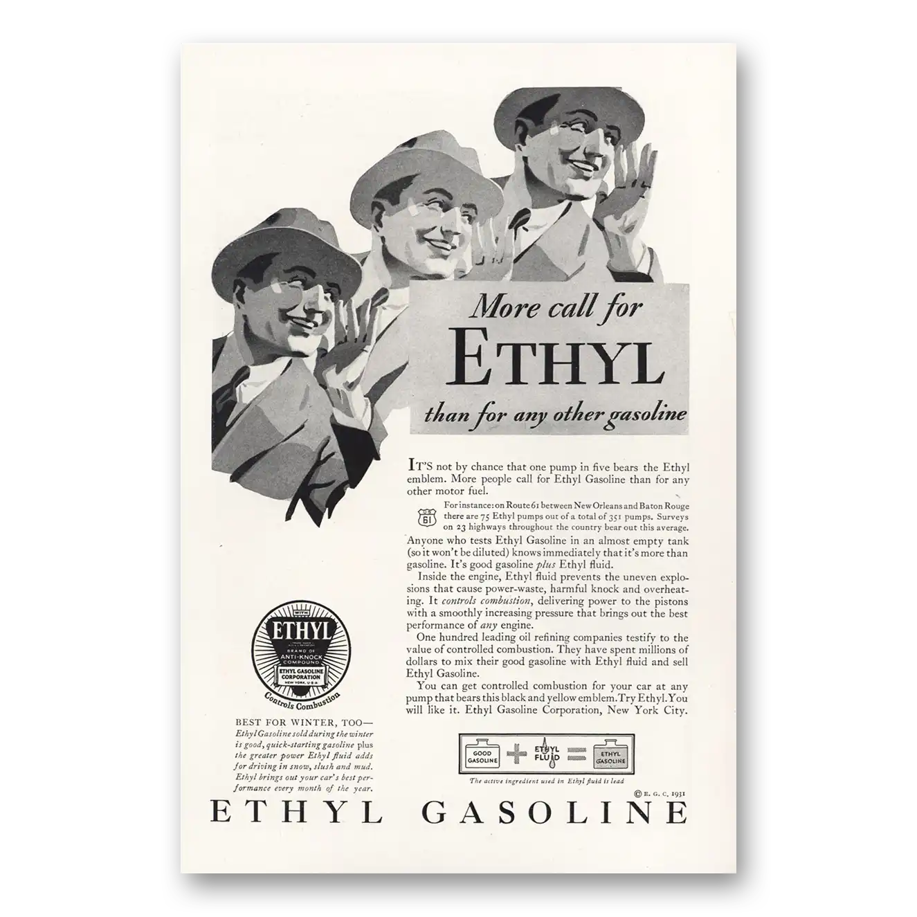 1931 Ethyl Gasoline More Call For Ethyl Vintage Magazine Print Ad