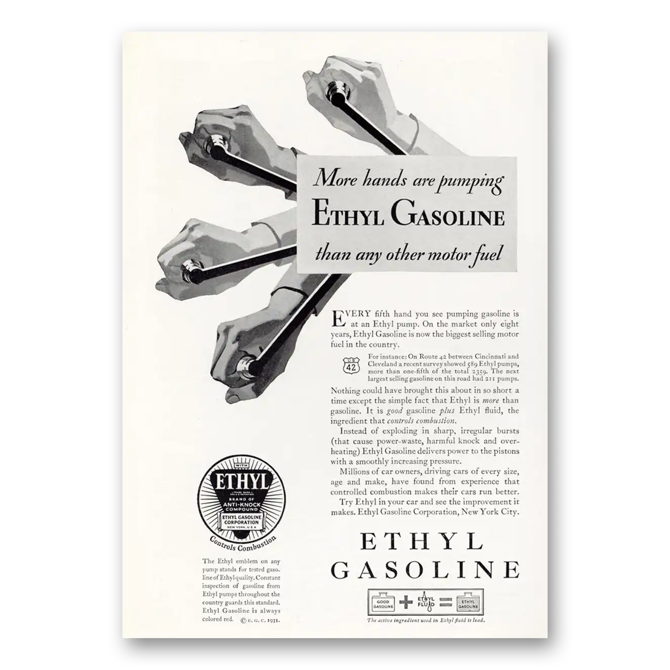 1931 Ethyl Gasoline More Hands Than Any Other Motor Fuel Vintage Magazine Print Ad