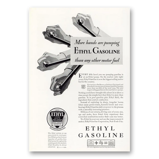 1931 Ethyl Gasoline More Hands Than Any Other Motor Fuel Vintage Magazine Print Ad