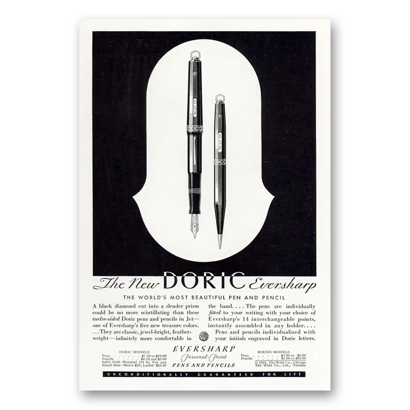 1931 Wahl Eversharp Pen Pencil Doric Vintage Magazine Print Ad