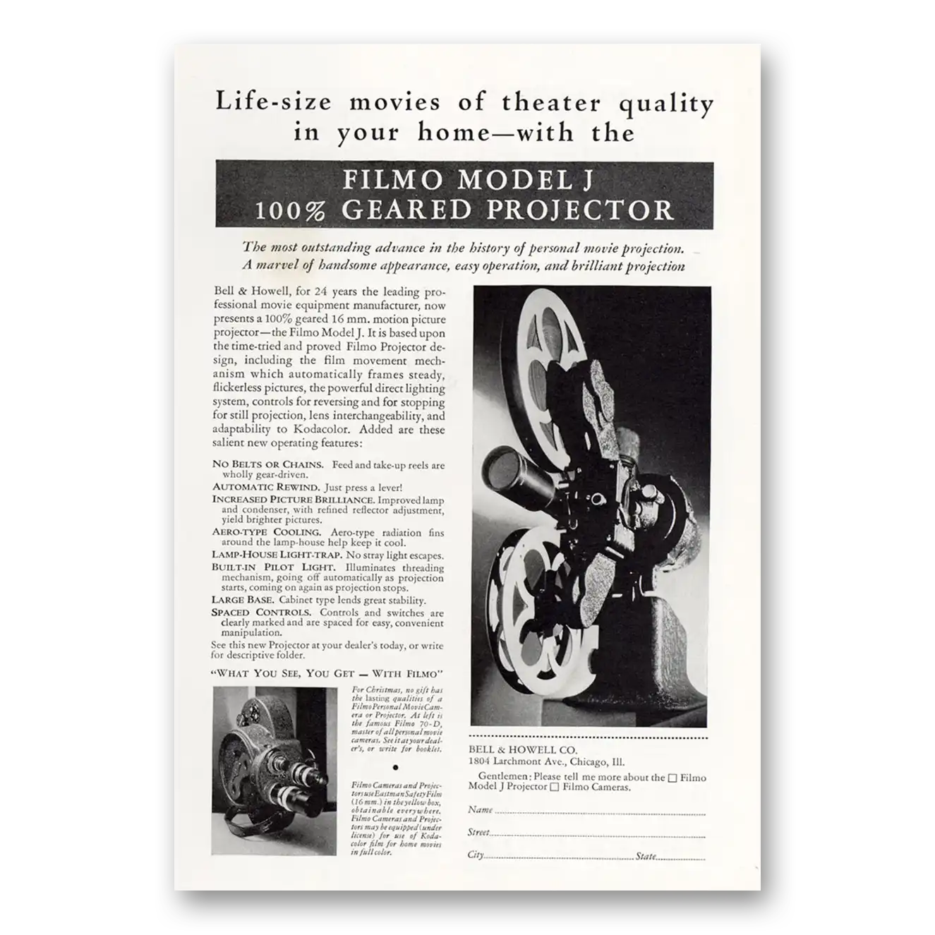 1931 Filmo Camera Model J Geared Projector Vintage Magazine Print Ad