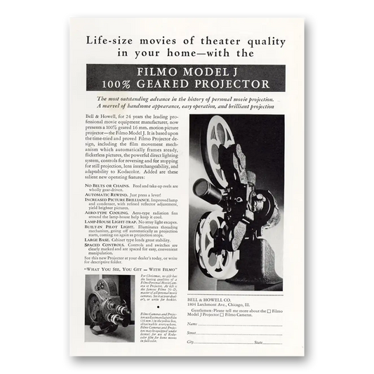 1931 Filmo Camera Model J Geared Projector Vintage Magazine Print Ad