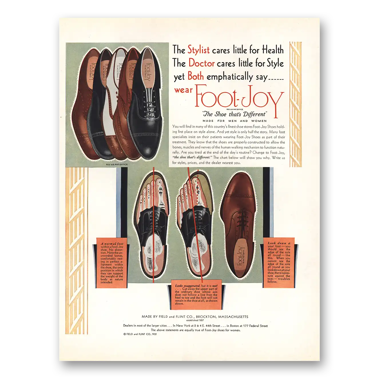 1931 Foot Joy Shoes Stylist Cares Little for Health Vintage Magazine Print Ad