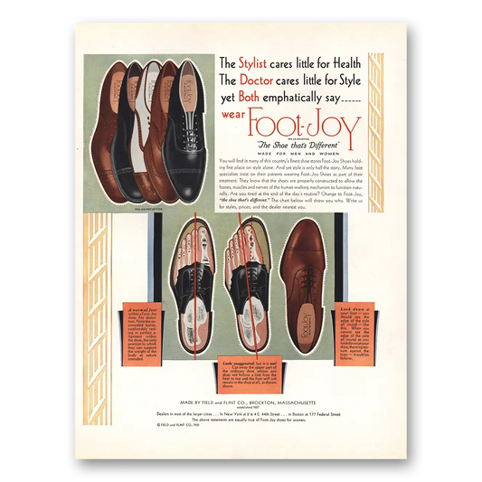 1931 Foot Joy Shoes Stylist Cares Little for Health Vintage Magazine Print Ad