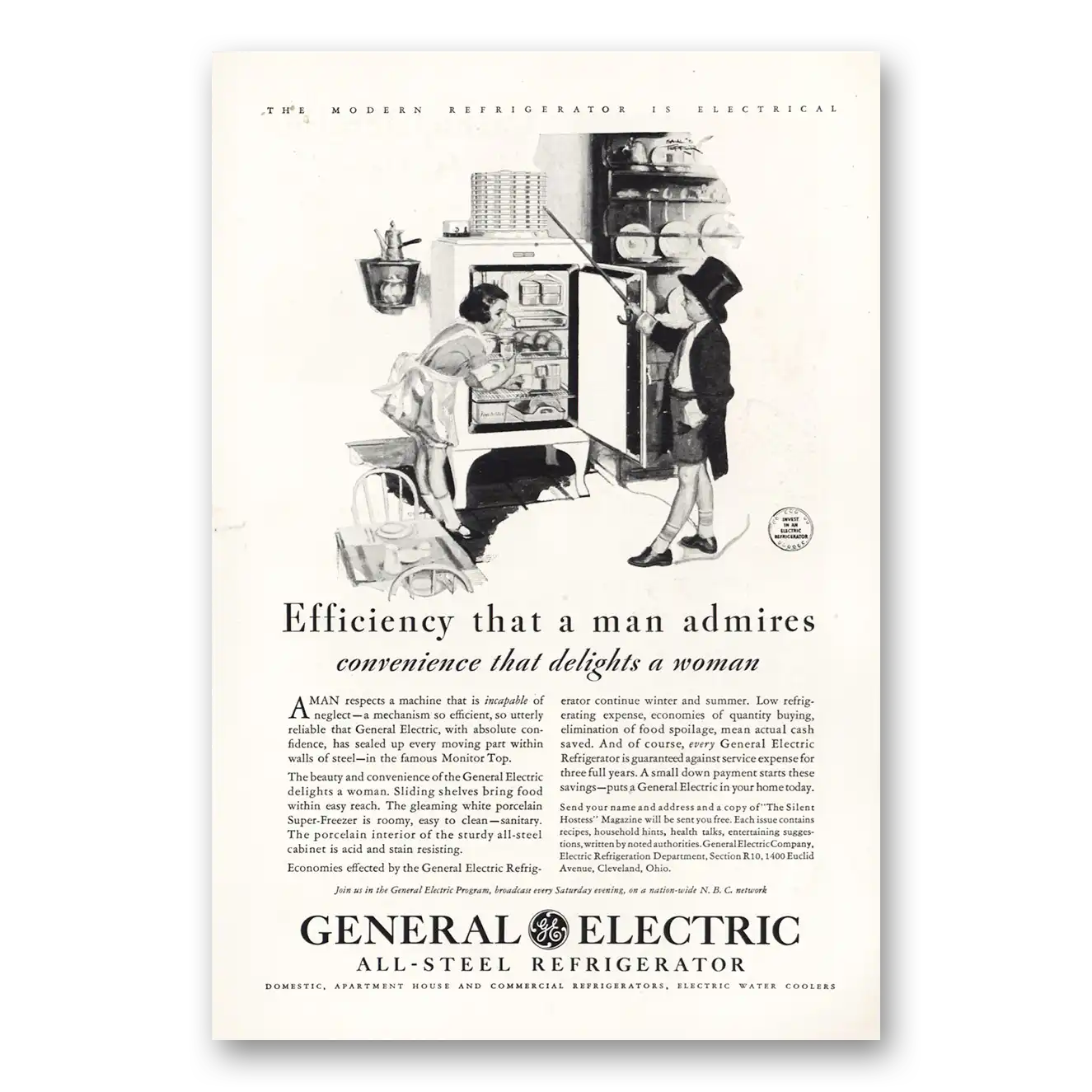 1931 General Electric Refrigerator All Steel Refrigerator Magician Efficiency That a Man Admires Vintage Magazine Print Ad