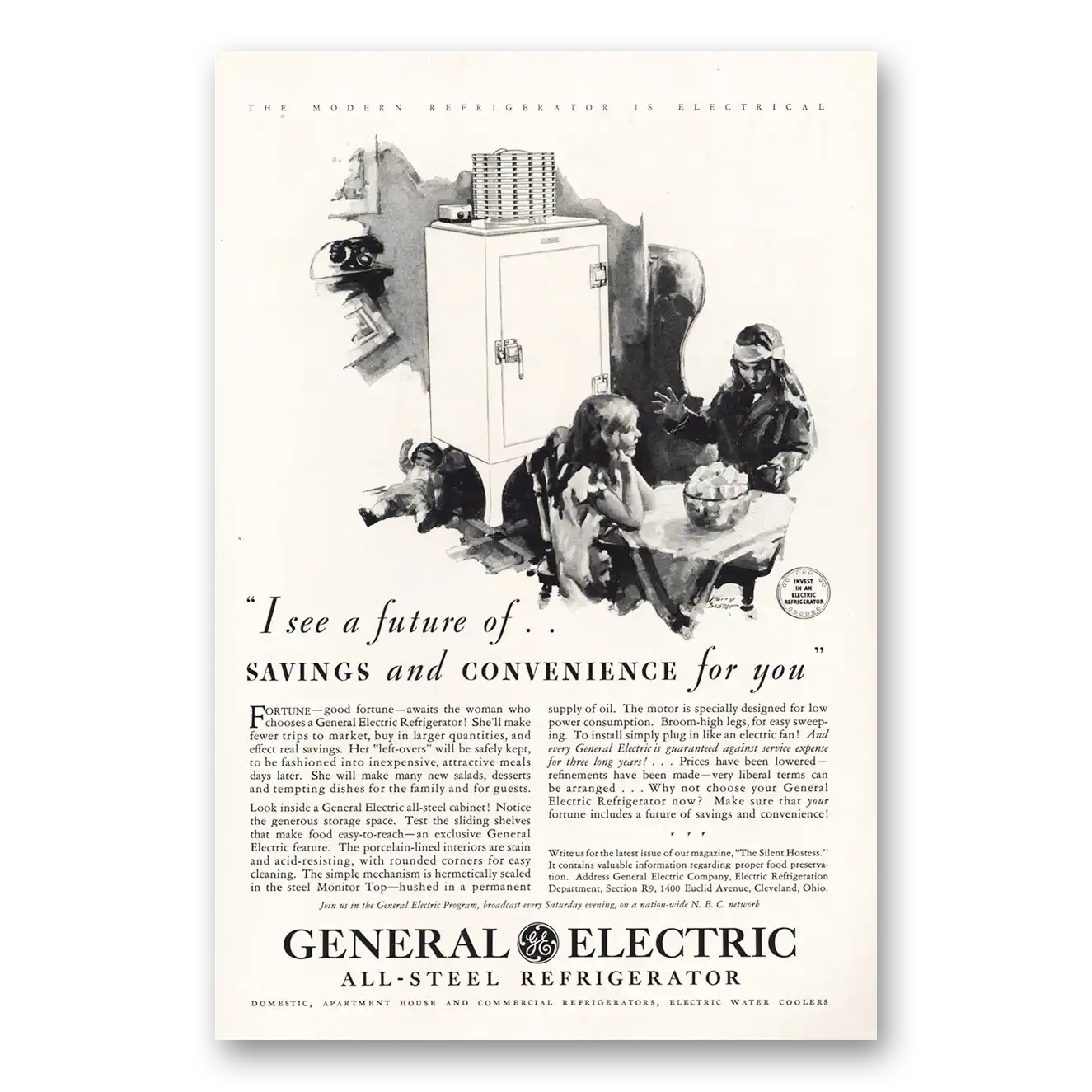 1931 General Electric Refrigerator I See a Future of Savings and Convenience Vintage Magazine Print Ad