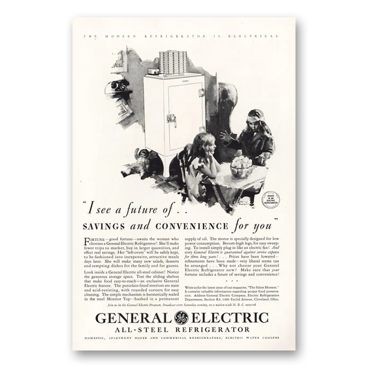 1931 General Electric Refrigerator I See a Future of Savings and Convenience Vintage Magazine Print Ad