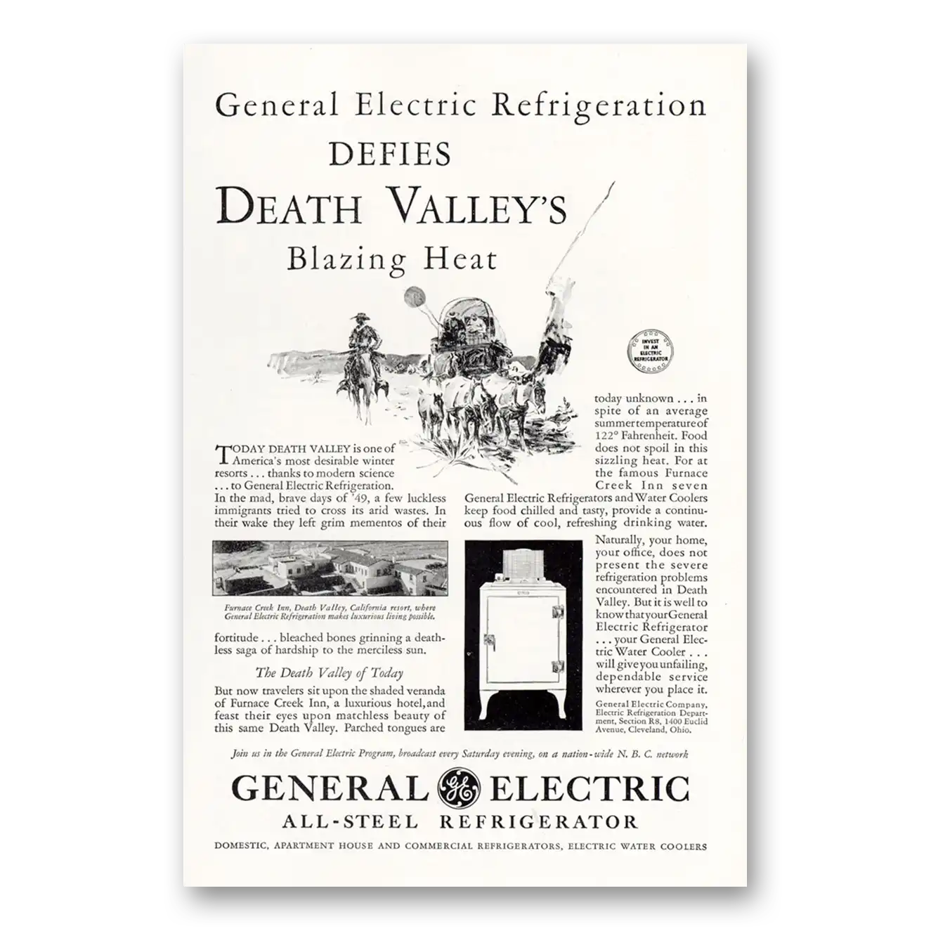 1931 General Electric Refrigerator Death Valleys Blazing Heat Vintage Magazine Print Ad