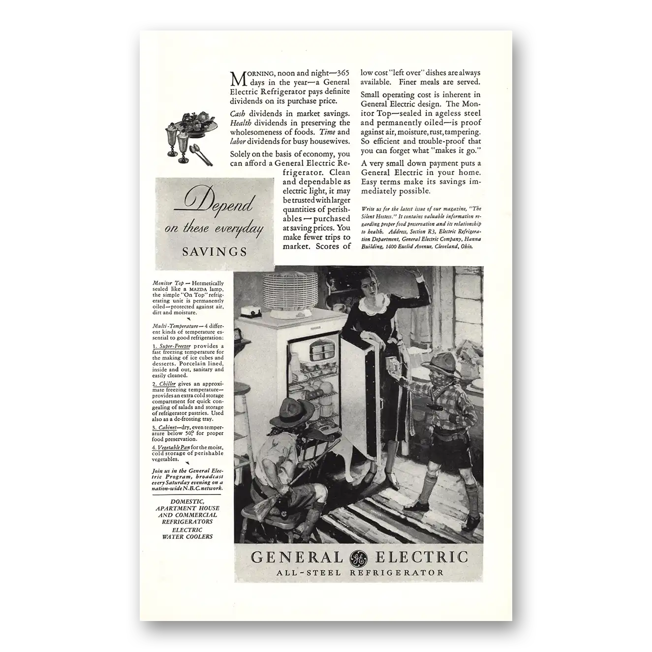 1931 General Electric Refrigerator All Steel Refrigerator Morning Noon and Night Vintage Magazine Print Ad