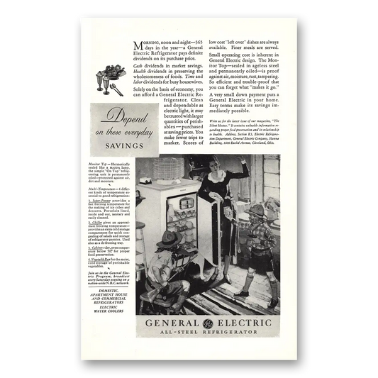 1931 General Electric Refrigerator All Steel Refrigerator Morning Noon and Night Vintage Magazine Print Ad