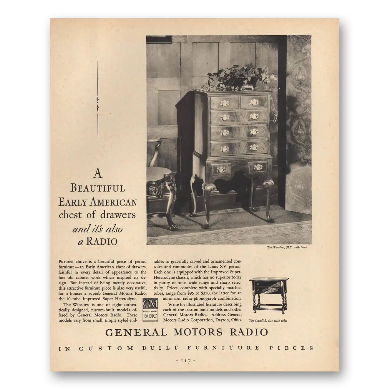 1931 General Motors Radio Early American Chest of Drawers Vintage Magazine Print Ad