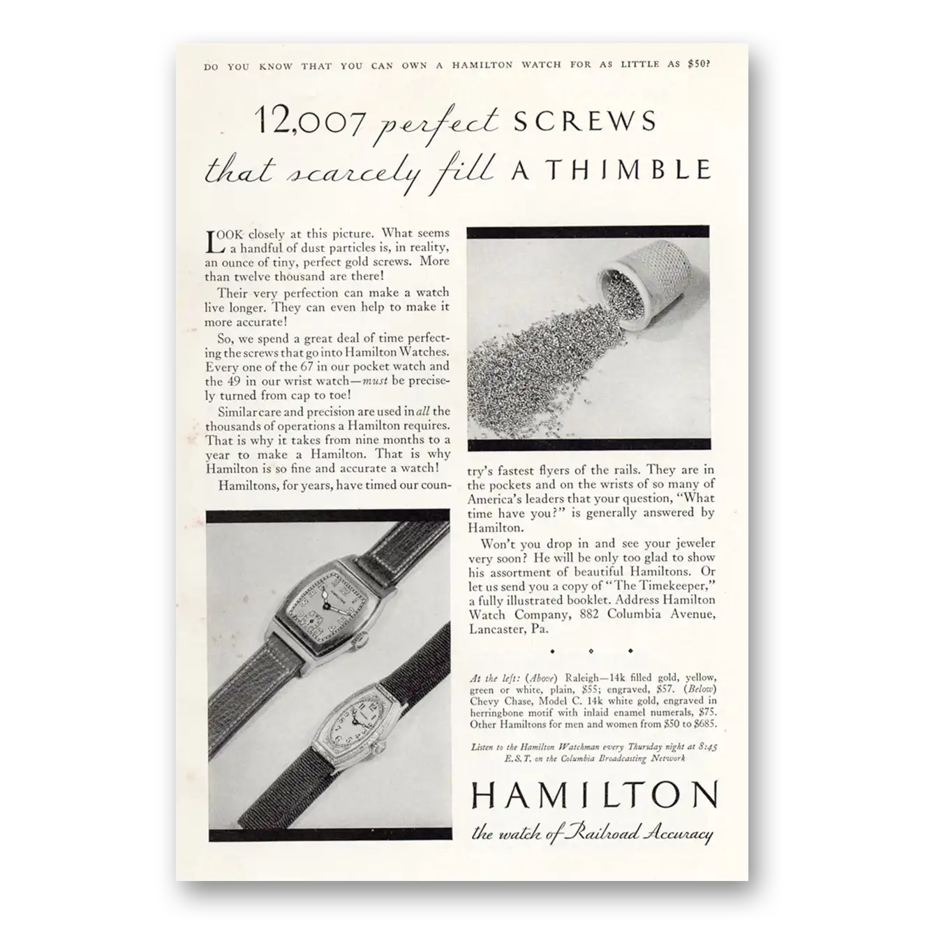 1931 Hamilton Watch Perfect Screws That Scarcely Fill a Thimble Vintage Magazine Print Ad