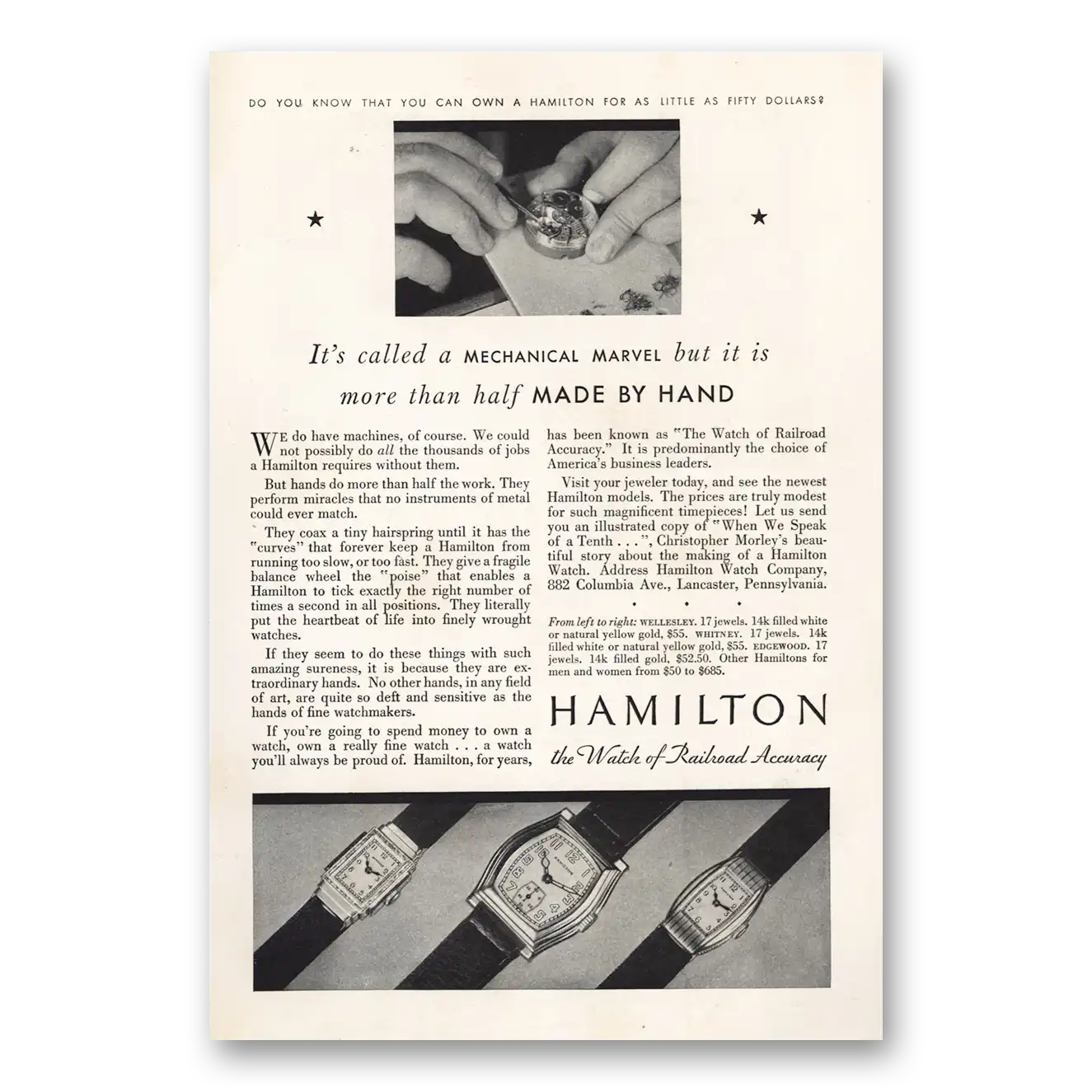 1931 Hamilton Watch Mechanical Marvel Made by Hand Vintage Magazine Print Ad