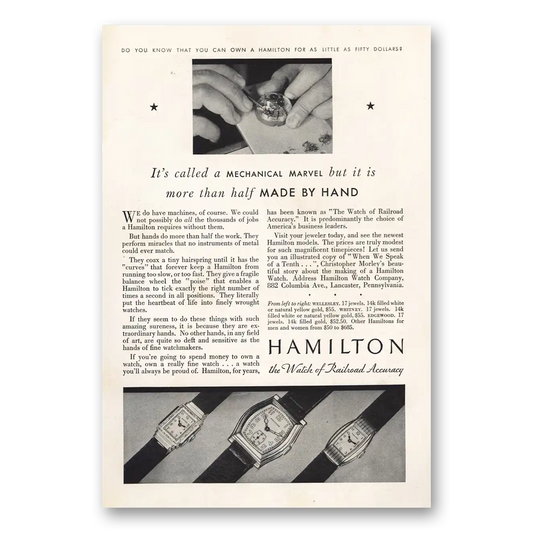 1931 Hamilton Watch Mechanical Marvel Made by Hand Vintage Magazine Print Ad