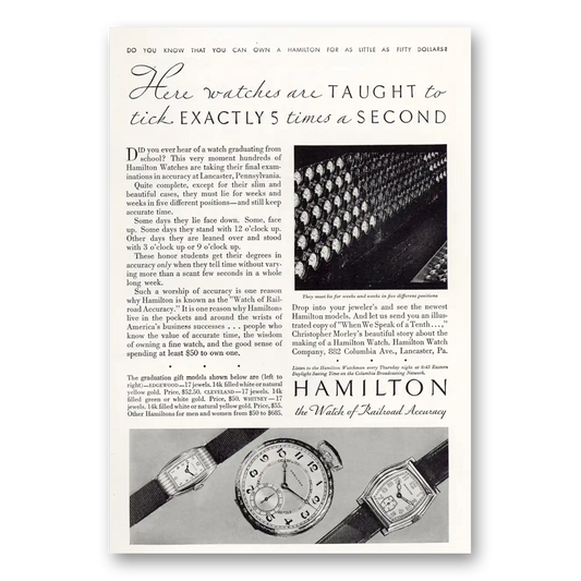 1931 Hamilton Watch Watches Are Taught to Tick Exactly 5 Times a Second Vintage Magazine Print Ad