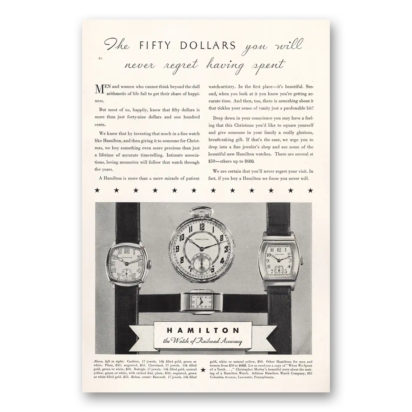 1931 Hamilton Watch Fifty Dollars You Will Never Regret Vintage Magazine Print Ad